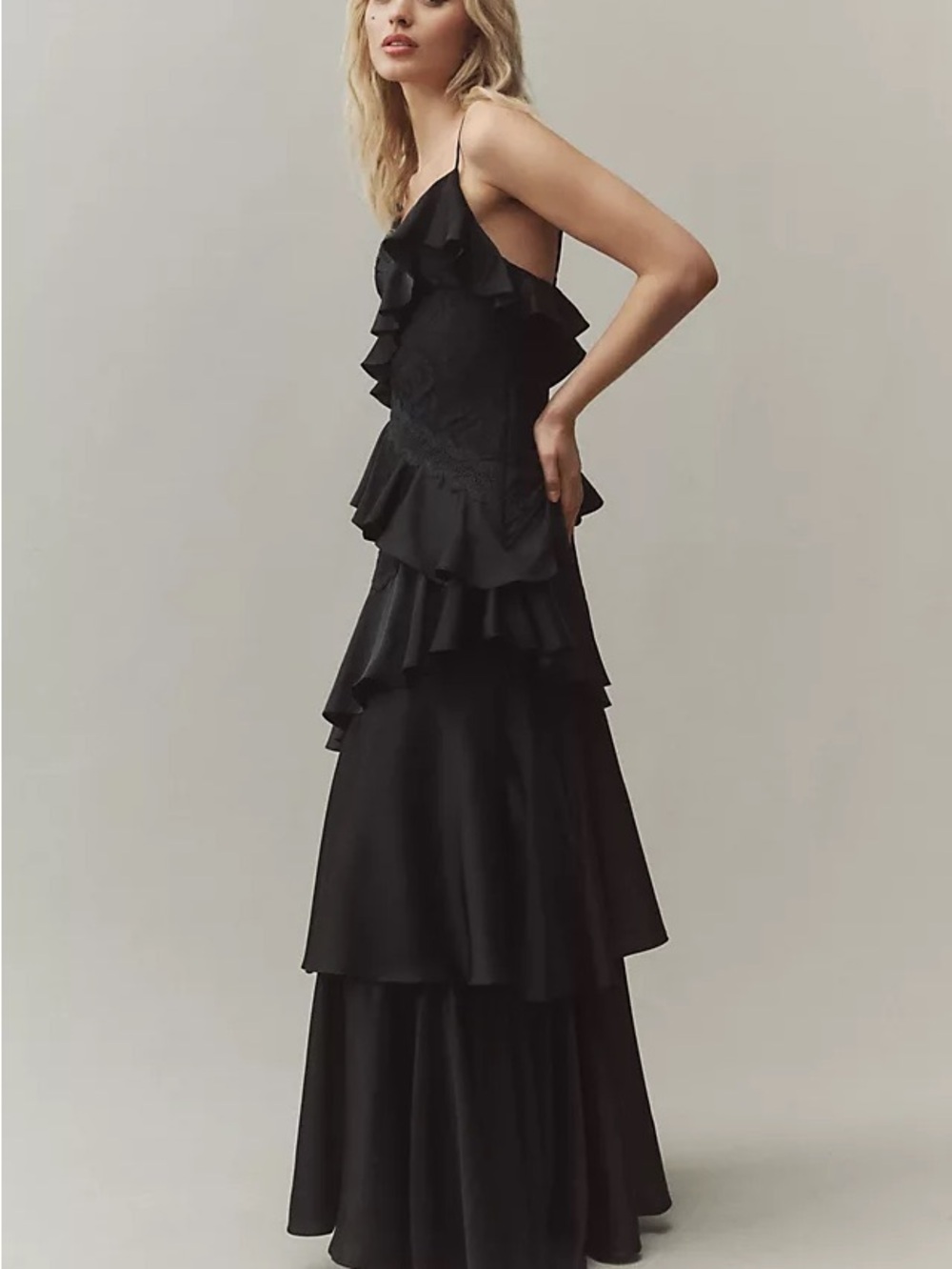 Michael KORS Ruffled Chiffon Lined Tiered Midi Cocktail Evening Dress Black M